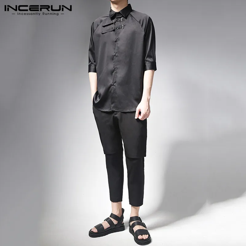 

Mens Vintage Half Sleeve Shirt Male Turndown Collar Solid Color Camisa Black Casual Slim Blouse Man Fashion Stylish Top INCERUN