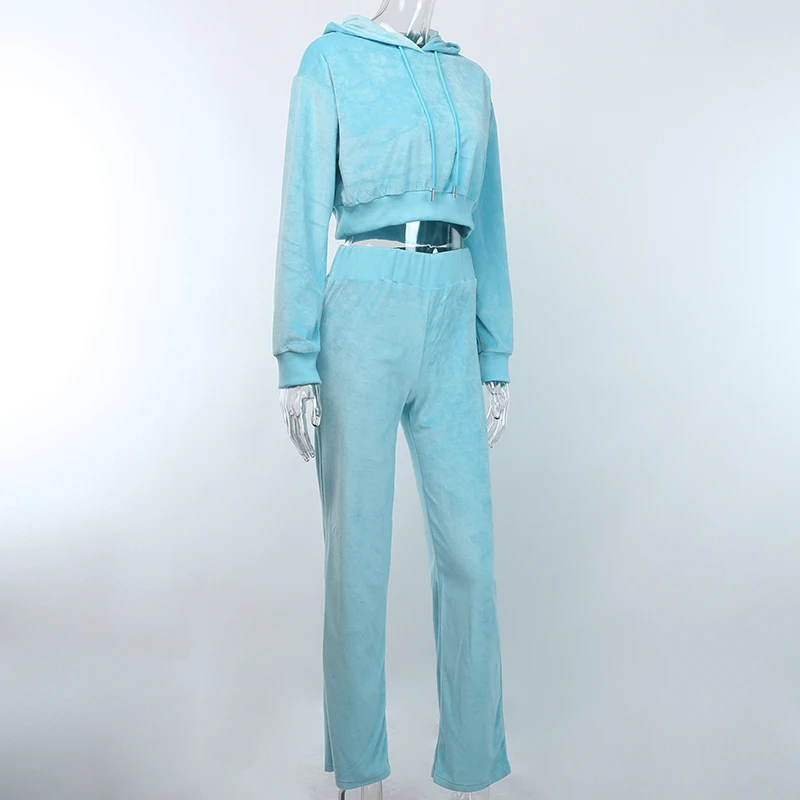 InstaHot/укороченные толстовки с капюшоном на завязках комплект из 2 предметов с широкими штанами для женщин, весенний Повседневный Бархатный синий спортивный костюм с длинными рукавами
