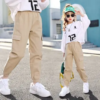 

2020 Spring Autumn Kids Girls Cargo Pant Trousers Children Girls Casual High Waist Pocket Straight Pants Bottom For Teens W350