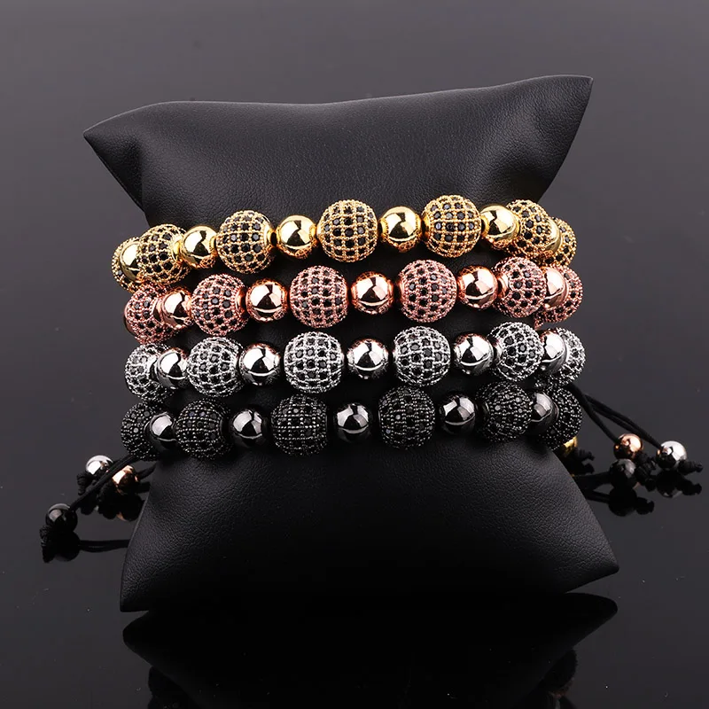 Luxury 10mm Black CZ Pave Ball Charm Macrame Adjustable Bracelet Men Jewelry Gift