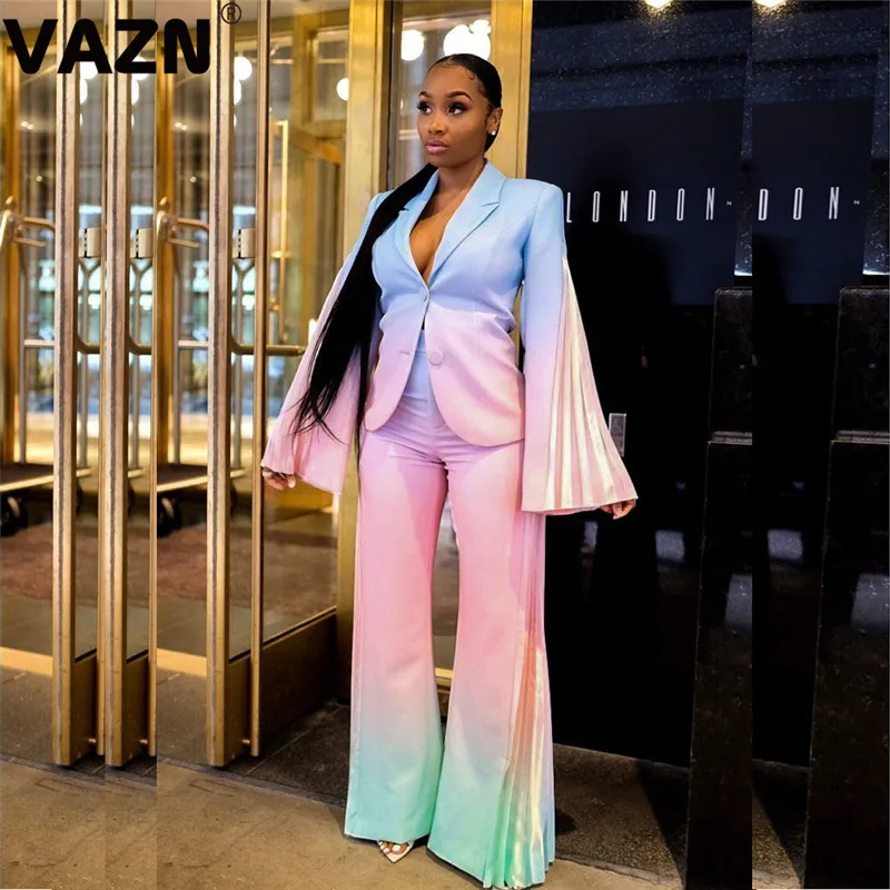 

VAZN SN3677 New Plus Size Sexy Latest Upmarket Style Multi Color Full Sleeve Group Wide Leg Pants Georgette Women 2 Piece Set
