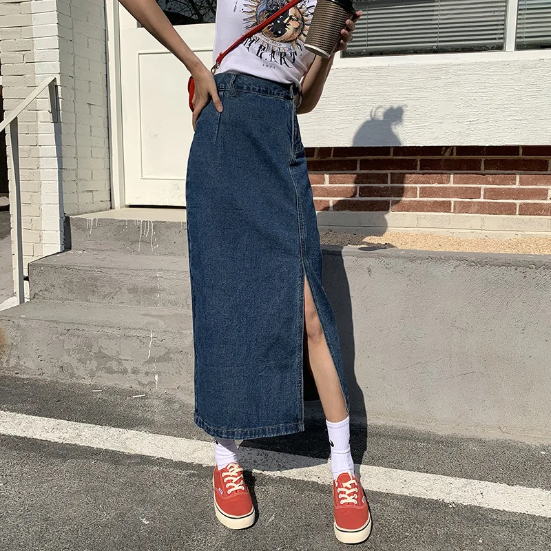 

High waist split denim skirt women 2021 new fashion slim temperament mid-length one step hip long skirt