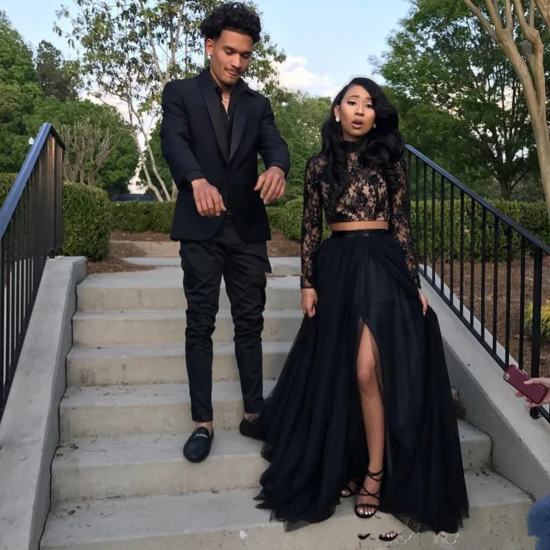 Nieuwe Zwarte Lange Mouwen Prom Dresses 2019 Formele Avond Party Pageant Jurken Afrikaanse Twee Stukken Jurk Hoge Hals Plus Size custom Nieuwe Zwarte Lange Mouwen Prom Dresses 2019 Formele Avond Party Pageant Jurken Afrikaanse Twee Stukken Jurk Hoge Hals Plus Size custom
