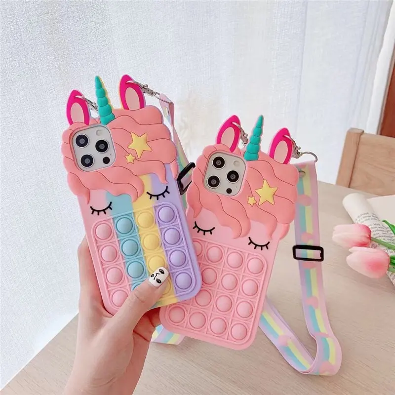 Cute Unicorn Popit Push Bubble Custodia In Silicone Per Iphone 11 12 13 14 Pro Max Mini X Xs Xr 8 7 Autismo Sensoriale Fidget Cover Strap