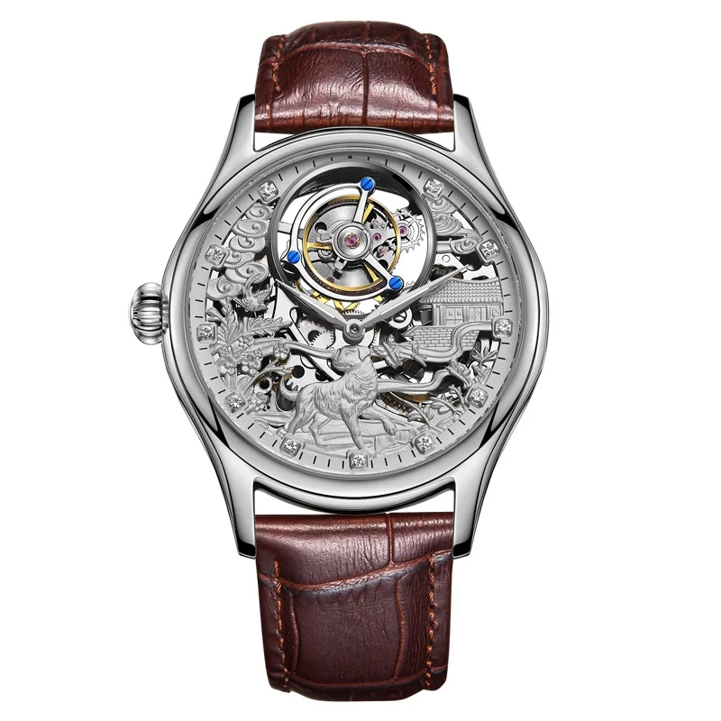 Настоящие мужские часы Tourbillon, механические наручные часы, лучший бренд, роскошные часы со скелетом, мужские наручные часы с циферблатом для собак