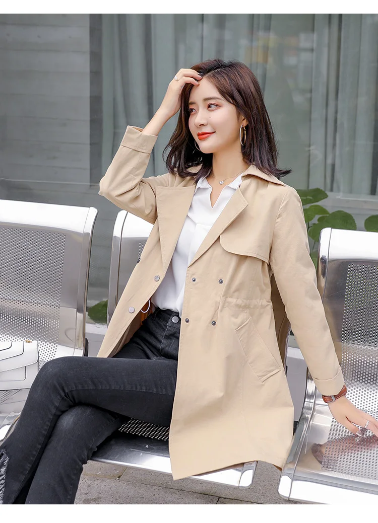 Trench Coat Spring Mid-length Pocket Long Sleeve Slimming Slim Fit Versatile Fashion Simple Cool Solid Color