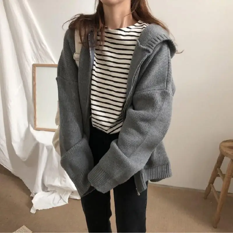 Серый Women Autumn Winter Casual Zipper Hooded Cardigans Plus Size Solid Knitted Coat Loose Pockets Thick Sweater - Цвет: Серый