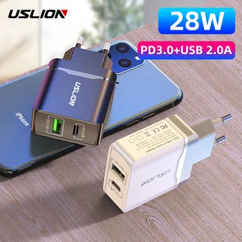 

USLION 28W PD Quick Charger PD3.0 USB Charger EU Plug Phone Wall Chargers Adapter Fast Charging For iPhone Samsung Xiaomi Huawei