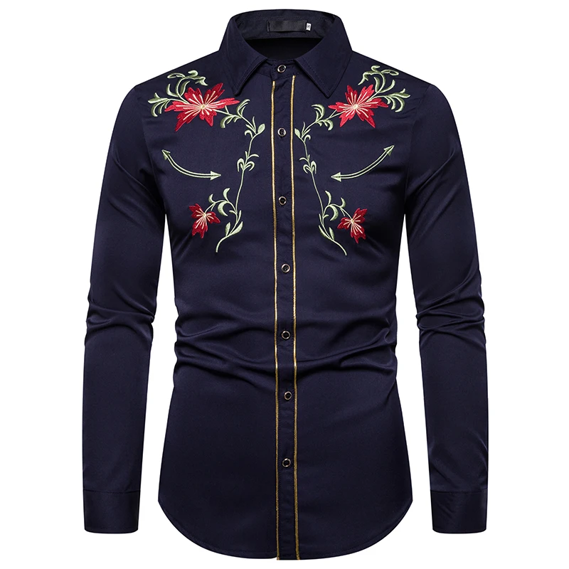 Style-4 Navy Blue Мужские повседневные рубашки с длинными рукавами, рубашки с вышивкой розы, мужские брендовые осенние Гавайские рубашки, тонкая рубаха мужские рубашки - Цвет: Style-4 Navy Blue