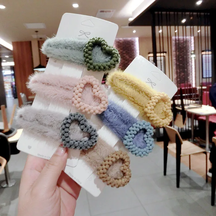 Korea Winter Soft Plush Love heart Hair Accessory Faux Rabbit Fur Waterdrop Hairpin Hair Clips for Lady Women Hair Barrettes