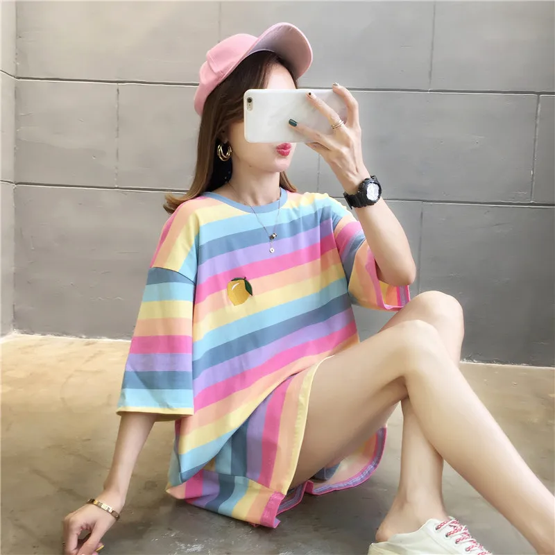 Summer Boyfriendy Loos Rainbow Striped T-shirts Women Plus Size Streetwear Harajuku Oversized T Shirt Casual Femme Tops Tees