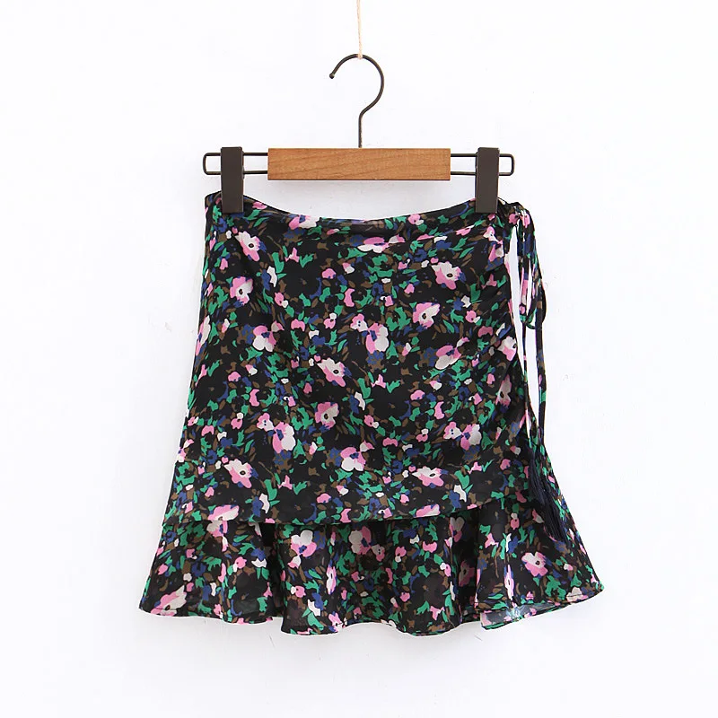 

2019 Spring New Style High-waisted Floral-Print Chiffon Skirt Women's Europe And America feng chun Lace-up Short Skirt A- Line F