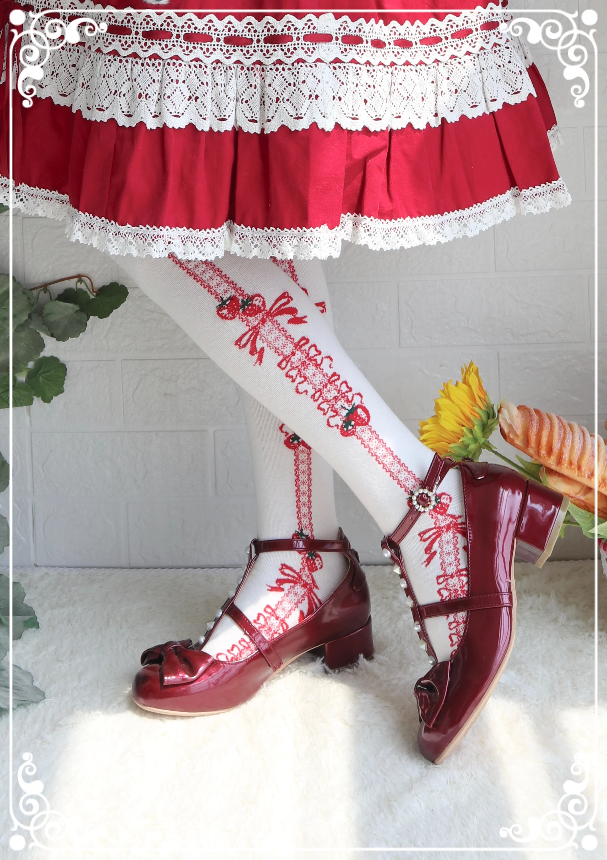 Кавайные вязаные высокие носки до бедра с принтом клубничного банта Harajuku Lolita Girl