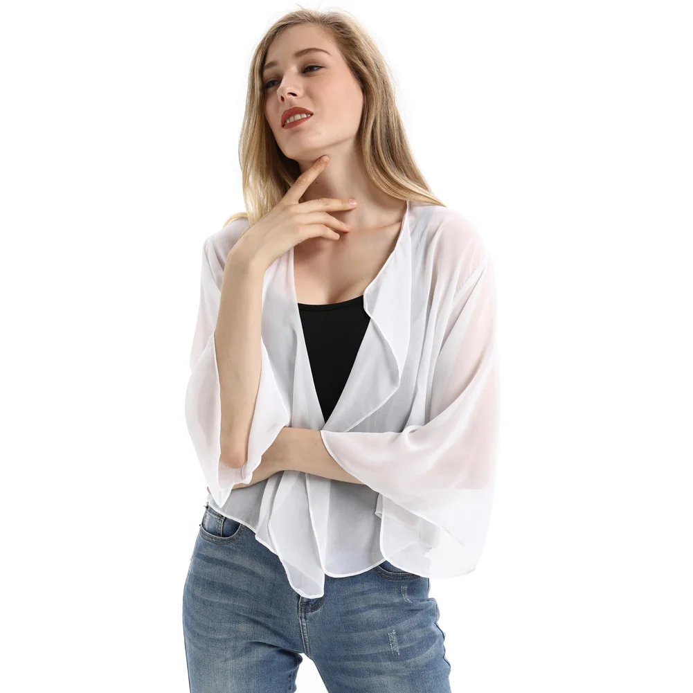 Summer Solid Chiffon Shirts Capes Women Half Sleeve Shrug Open Front Bolero  Tops Cardigan Elegant Female Clothes(Wine Red,L) 