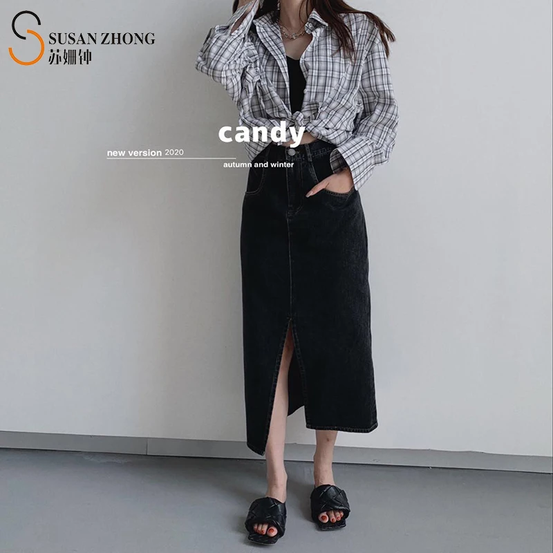 

Women Skirt Female Simple Elegant Designer Denim Pencil Zipper Fly Belt Loop Side Pockets Slit Back Ankle-Length Solid Straight