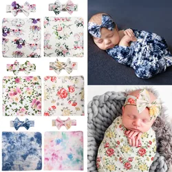 Manta receptora de bebé, conjunto de diadema infantil con estampado Floral, envoltura de muselina, accesorios de fotografía para recién nacido