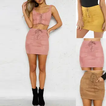 

Sexy Women Leather Suede Bandage High Waist Party Skinny Lace Up Mini Skirt US