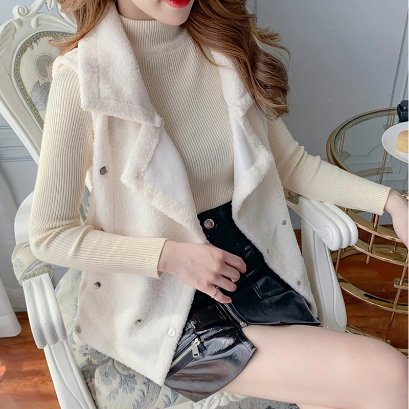 Осенняя Куртка женская Chaqueta Mujer Manteau Femme Толстая однотонная на молнии без рукавов с карманом из меха ягненка теплая верхняя одежда