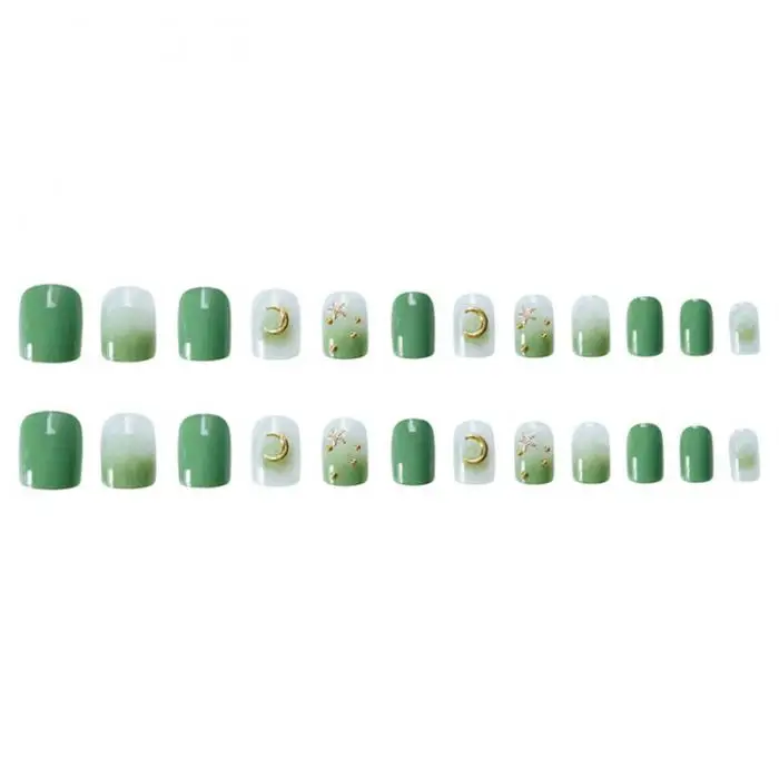 24 шт., полное покрытие, короткий квадратный пресс на ногтях, свежий зеленый градиент цвета с 3D декором, искусственные ногти с клеем для девочек