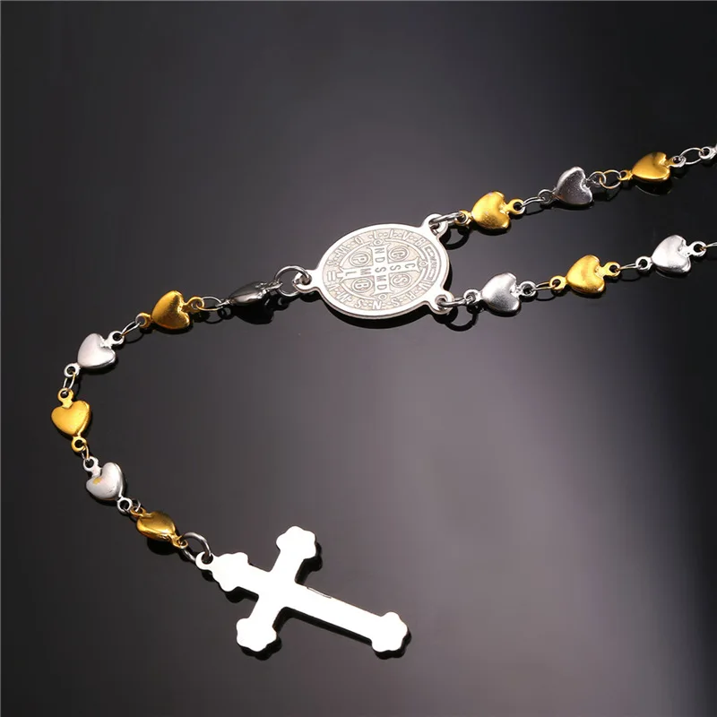Collare Cross Chain Rosary Necklace Gold Color Heart Linked Stainless Steel Necklace Women Men Saint Benedict Medal Jewelry N217