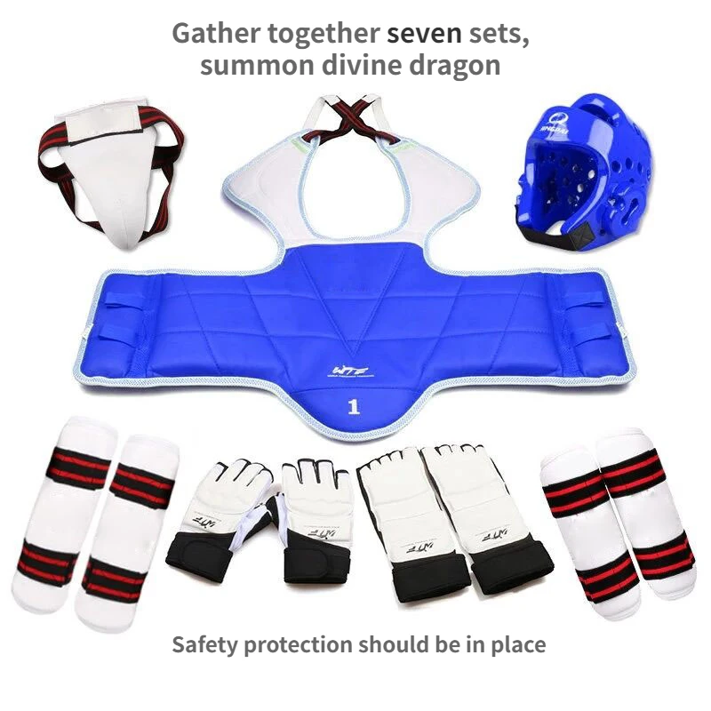 Karate Taekwondo Sparring Gear Set Helmet w/ Shield Hand Foot Mouth Blue New 