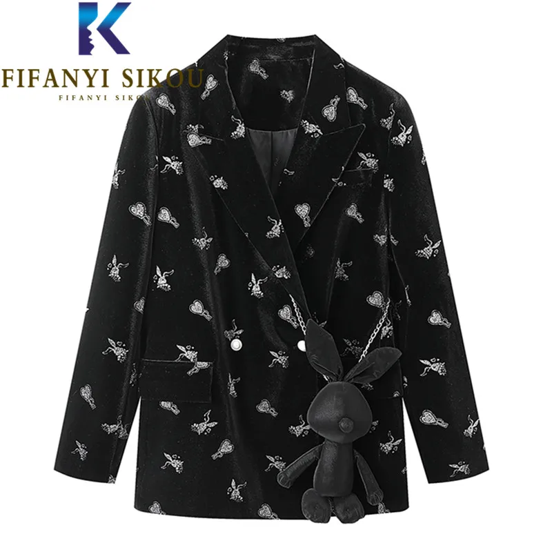 

Женский вельветовый Блейзер, черный свободный пиджак с принтом в виде куклы кролика, 2021