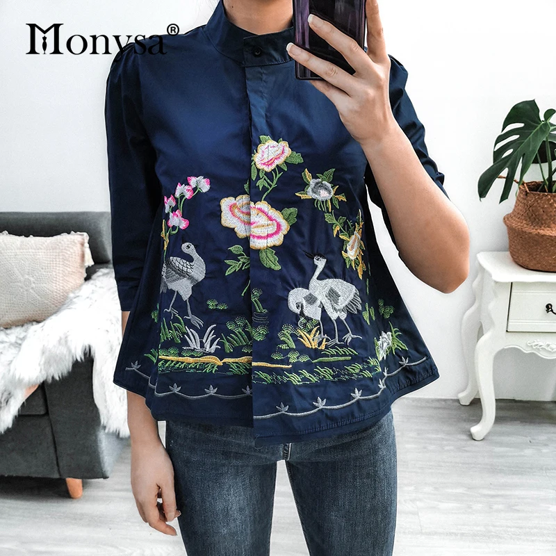 Embroidery Shirt Women Summer Autumn 2020 New Arrival Fashion 3/4 Sleeve Casual Blouses Ladies White Doll Shirt