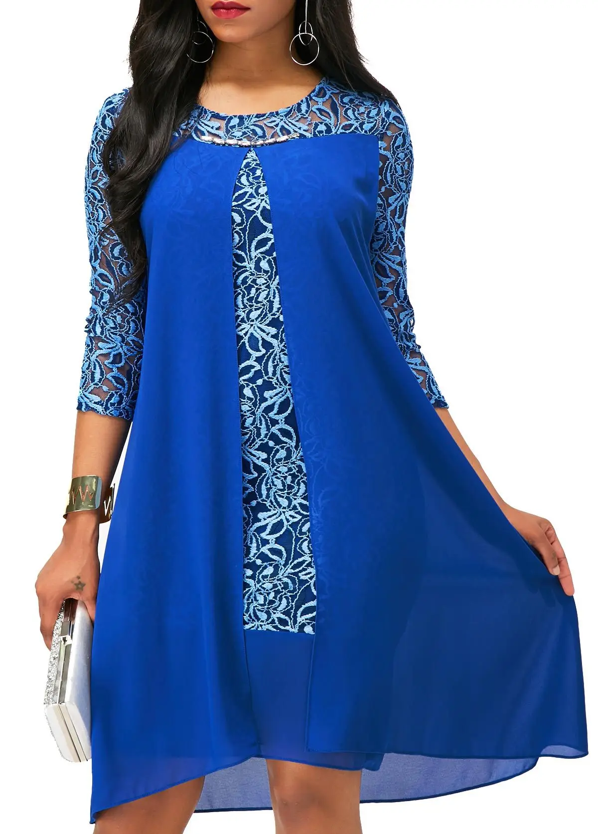 

Large Size Dress Slim Party Chiffon Dress Autumn Solid Color Lace Plus Size Dress Female Elegant 3/4 Sleeve Women Vestidos 5xl