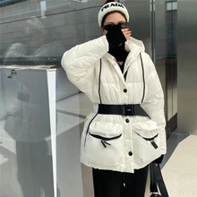 2021 big-name winter new triangle pocket lace-up waist hooded cotton jacket women's fashion warmdrawstringwindproofcotton jacket