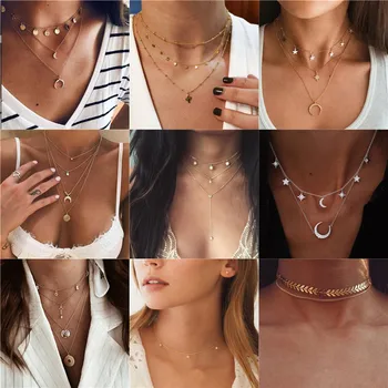 

VAGZEB Bohemia Vintage Necklaces For Women Fashion Gold Silver Color Necklace Multiple Layers Pendant Necklace Jewelry