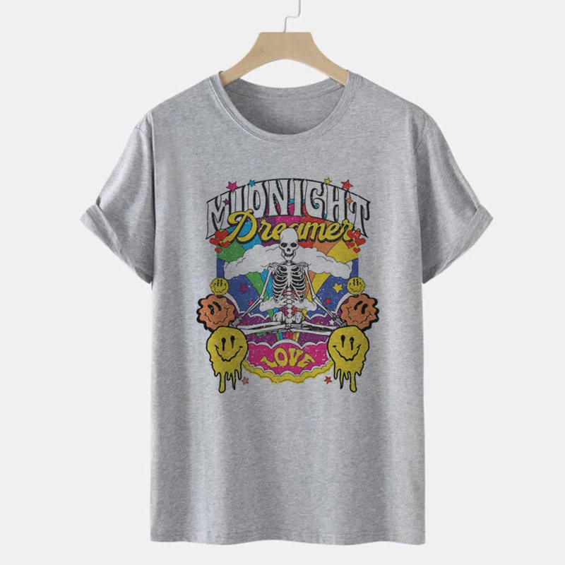 T-shirt psichedelica retrò scheletro anni '70 donna manica corta