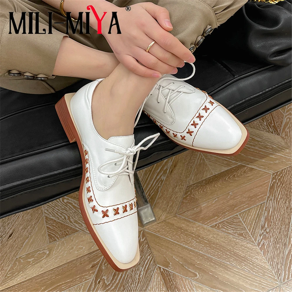 Zapatos de tacón cuadrado para mujer, calzado de cuero genuino con cordones, punta redonda, Color sólido, para hecho a mano, novedad, MIYA| Zapatos de tacón de mujer| - AliExpress
