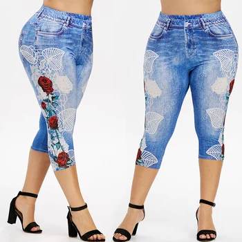 

Woman Plus Size L-6XL Skinny Capris Jeans Female Stretch Knee Length Denim Shorts Pants Women With High Waist Casual Print Jeans