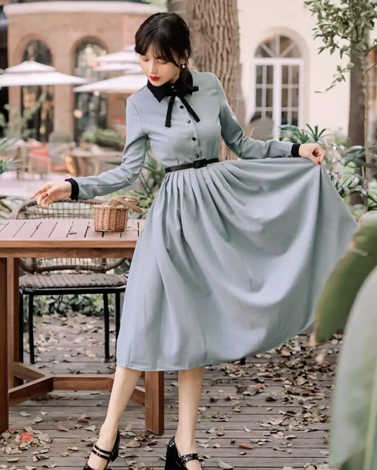 

Preppy Style Elegant Vintage Dress Peter Pan Collar Slim Waist Long Sleeve Midi Dress Robe Femme Vestidos Autumn Dress