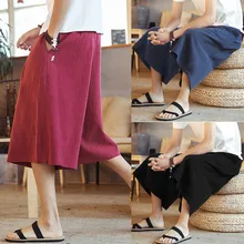 Новые мужские повседневные спортивные брюки хлопковые льняные укороченные широкие брюки шаровары спортивные штаны