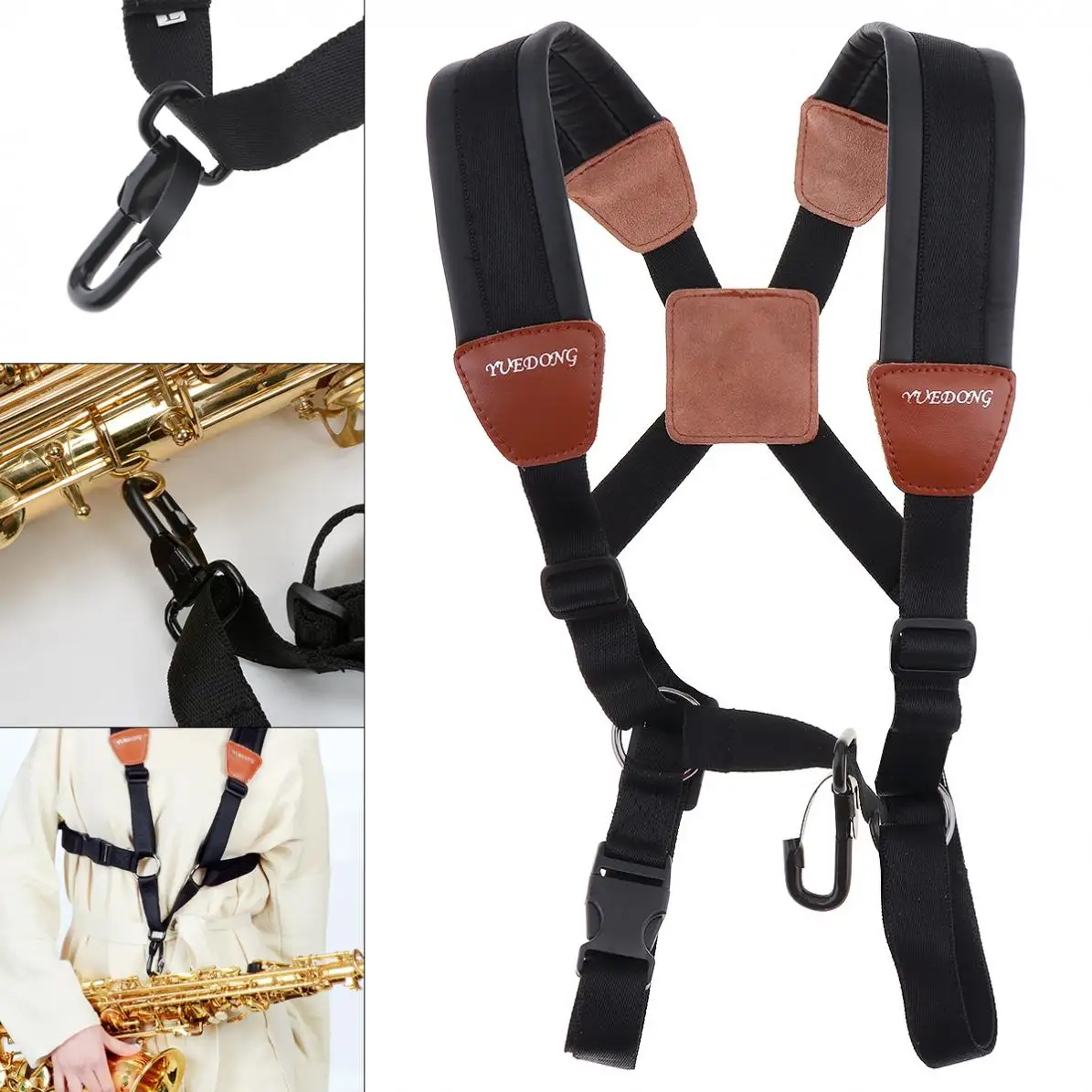

Genuine Leather Double Shoulder Saxophone Strap with Steel Hook for Alto Tenor Soprano Sax