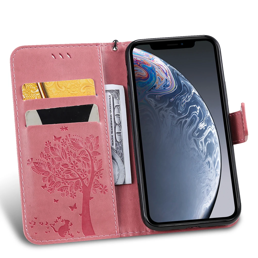 Прекрасный 3D тисненый дерево кошка шаблон Флип кожаный чехол для IPhone X XS XR MAX 6S 7 Plus