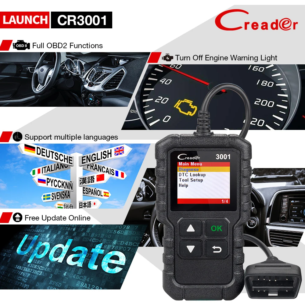 LAUNCH X431 Creader 3001 Full OBDII/EOBD code reader scanner Multilingual CR3001 Car diagnostic tool PK ELM 327 big car inspection equipment