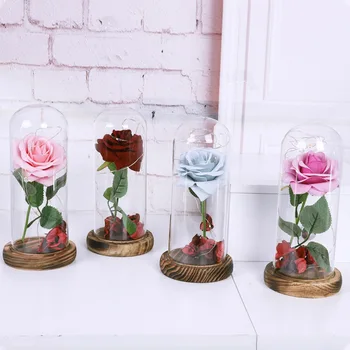 

LED Silk Rose In Glass Dome Artificial Gold Foil Flower With Fallen Petals Micro Landscape Home Decoration Glass Fairy Light