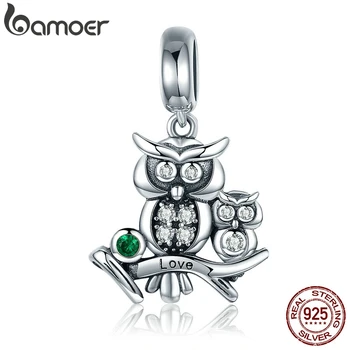 

BAMOER Genuine 100% 925 Sterling Silver Cute Owl Love Story Pendant Charms fit Bracelets Necklace Jewelry Accessories SCC425