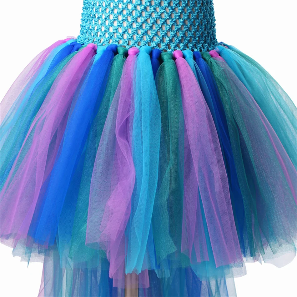 Peacock Girls Dress With Headband Long Trail Dresses Fluffy Robe Fille For Kids Photo Performance Costume Pageant Gowns Clothes5