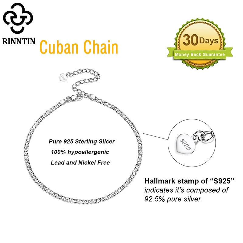 Rinntin 925 Sterling Silver Cuban Chain Anklets for Women Fashion Adjustable 14K Gold Foot Bracelet Ankle Straps Jewelry SA11 anklet bracelets silver anklets ankle chain
