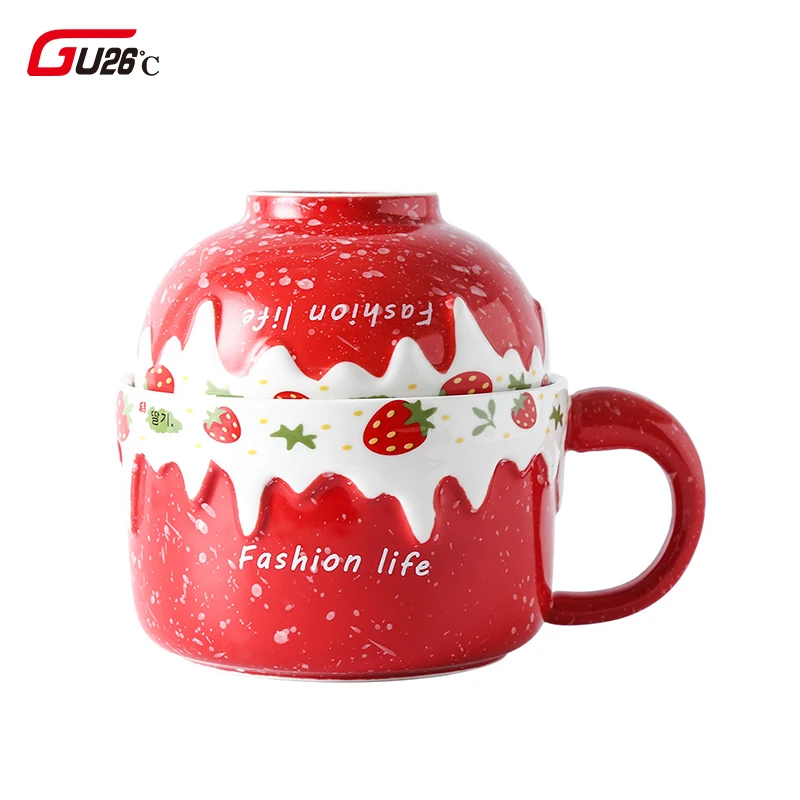 Cute Strawberry Ceramic Bowl Breakfast Cereal Calix Water Milk With Lid Tableware Fruit Ramen Soup Friends Gift Dessert Cups | Дом и сад