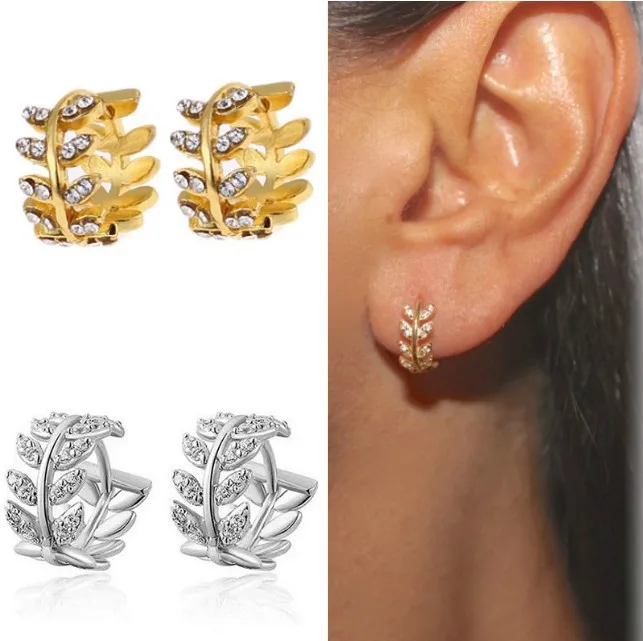 

New Fashion Vintage Silver Gold Metal Leaf Clip On Earring Long Ear Cuff Clip Women Rhinestone Earrings Bohemian Wedding Jewelry