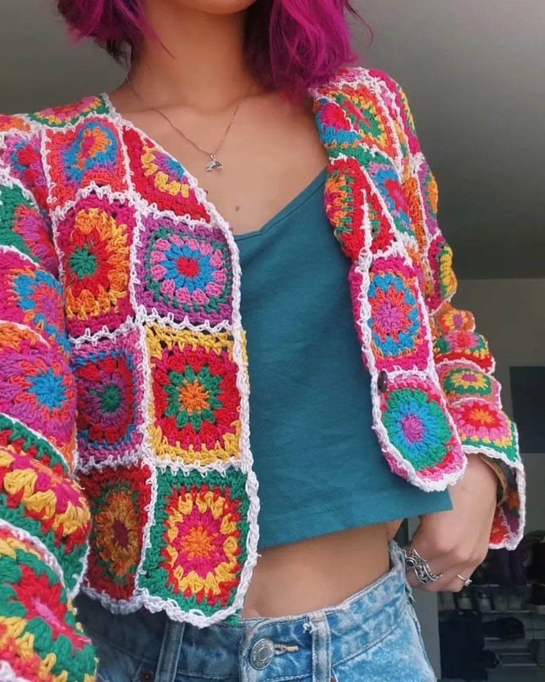 2021 Boho Colored Plaid Flower Hand Crochet Cardigan Vintage