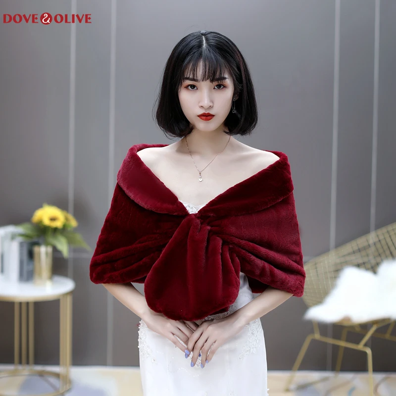 

Бордовая Свадебная накидка из искусственного меха 2020, зимняя теплая шаль, женская накидка с воротником, Болеро для невесты, жакет цвета слоновой кости, черный, серый, хаки