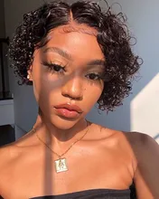 Pelucas de encaje frontal de corte pixie Bob, 150, 180, 250%, rizado, cabello humano con cierre de encaje Remy prearrancado