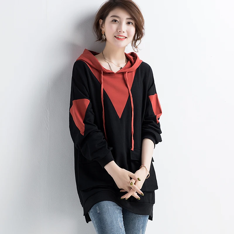 Watermelon red L-5XL размера плюс женские длинные толстовки осень мода длинный рукав пэтчворк цветные Свободные повседневные толстовки с карманами - Цвет: Watermelon red