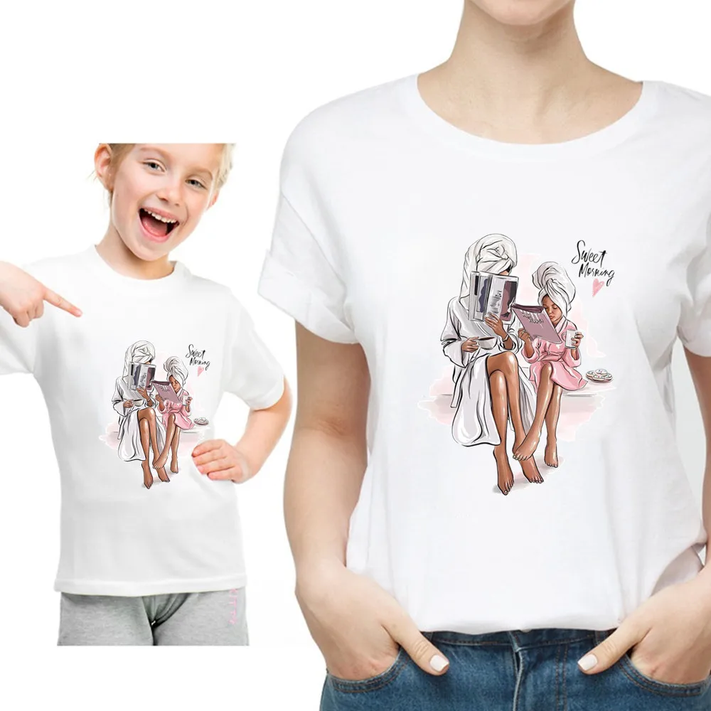 Funny Summer Family Matching Clothes Kawaii White Tshirt Matching Mother Daughter Clothes Family Look T-shirt 4