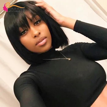 

Lollie Bob Wig with Bangs Human Hair Straight Mid length Fringe Wig Can Be Dyed Short Bob Human Hair Wigs with Bangs Free Ship